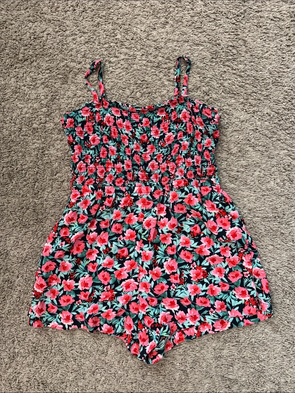 Old Navy Black Floral Smocked Romper with Pink Flowers